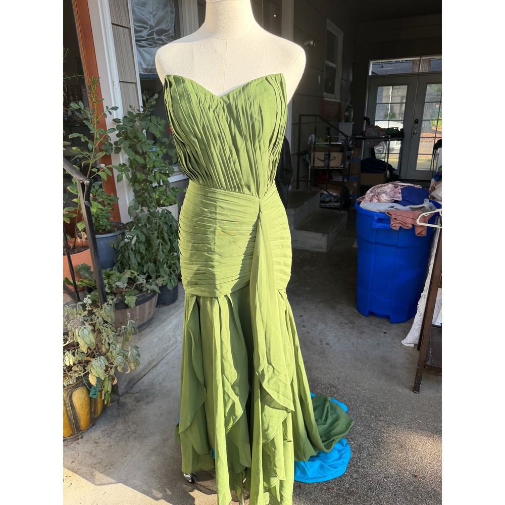 Olive Green Chiffon Pleated Maxi Gown Sz 4 Strapless Corset Mermaid Train Prom